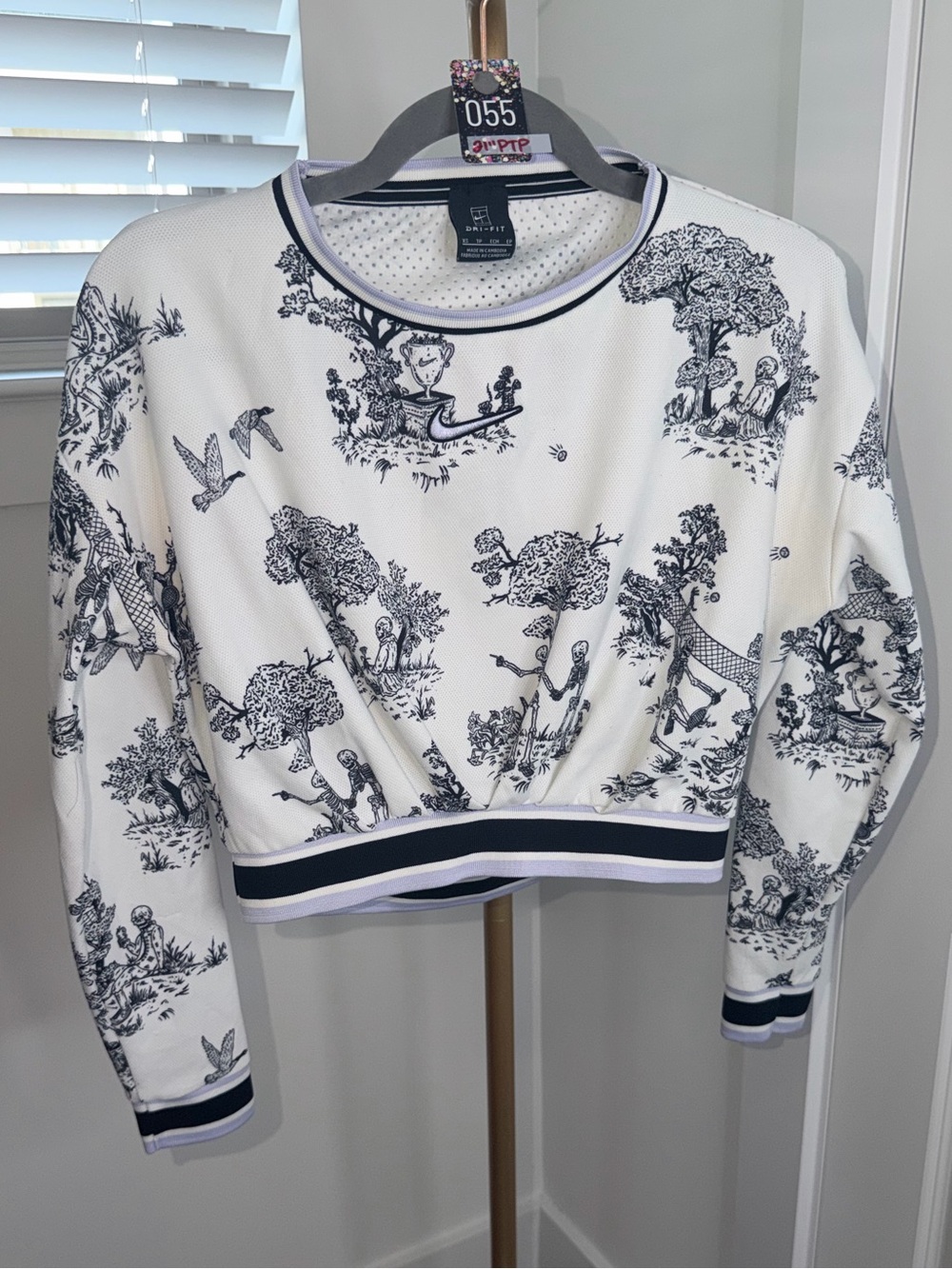55Nike Court Paris Collection Skeleton shirt, white toile de jouy skeleton print